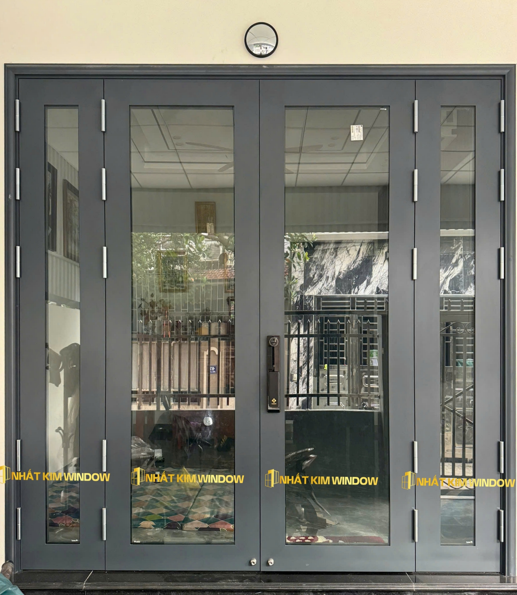 Cửa chính mở quay 4 cánh - Màu ghi xanh